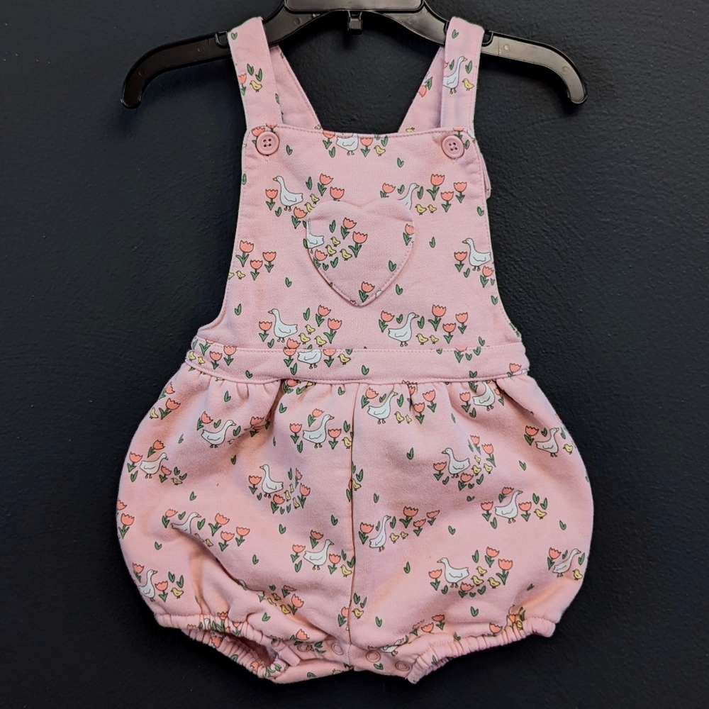 Baby Boden Pink Floral Goose Overalls with Heart Pocket